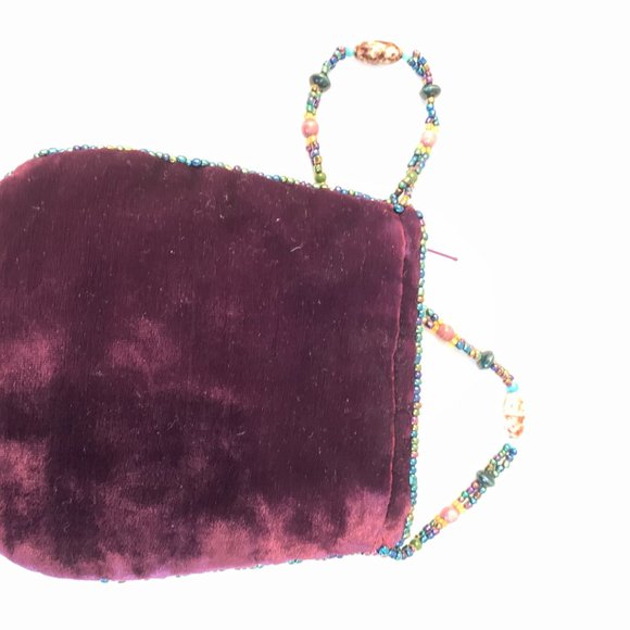small beaded velvet purse wine colored with purple and green excellent condition - Picture 5 of 9